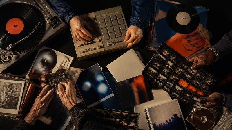 Illustrative arrangement of records and music equipment