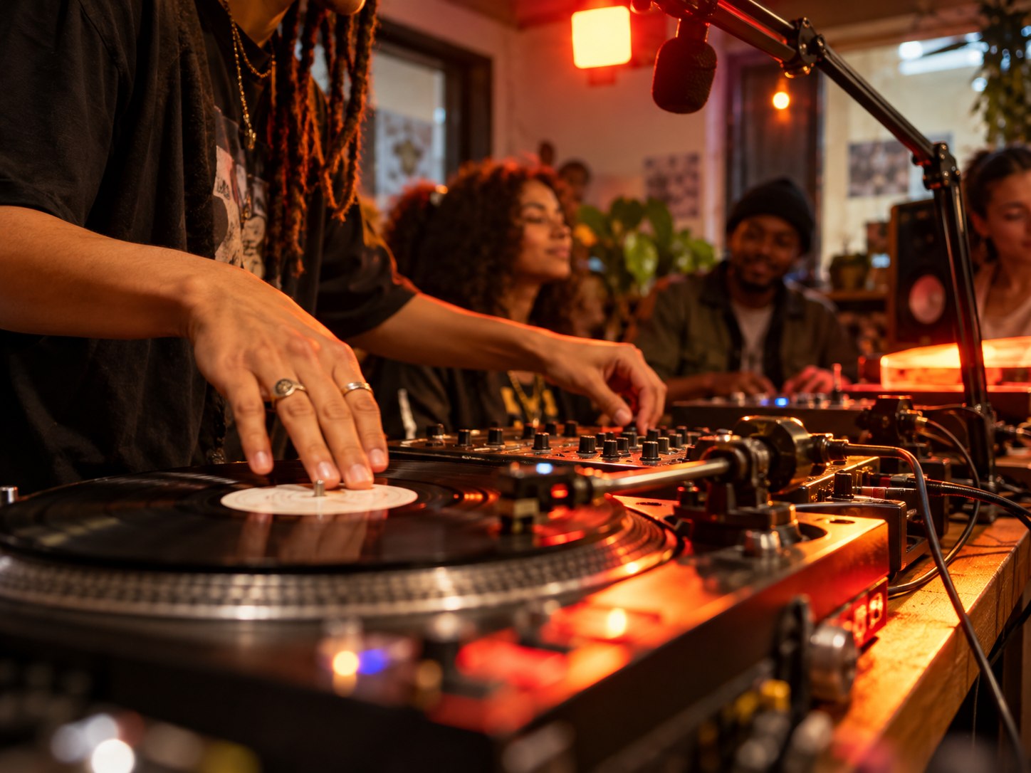 DJ working the decks during a lively radio broadcast scene