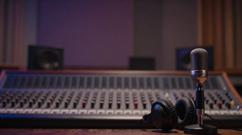 Microphone, headphones and mixing desk in a studio